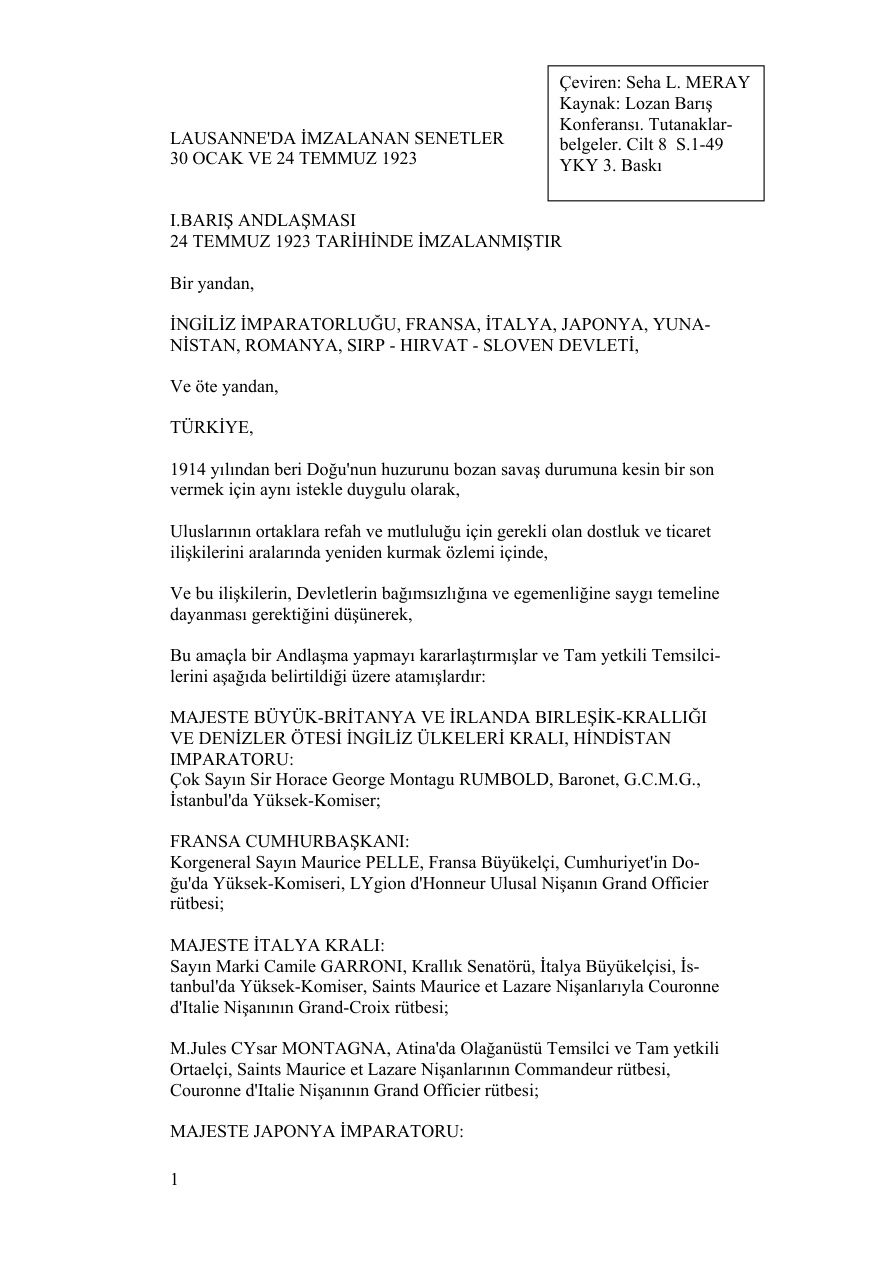 Lozan Barış Antlaşması PDF – Türkiye Cumhuriyeti