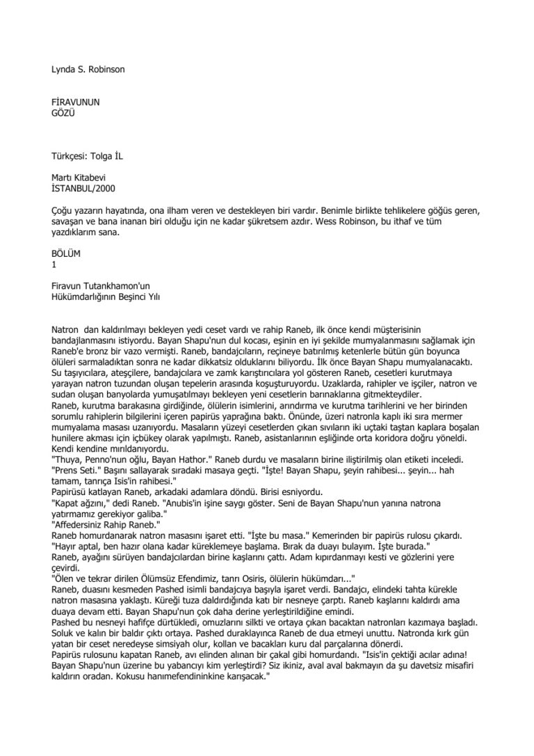 Lynda S Robinson Firavunun Gozu Kitap Kapağı