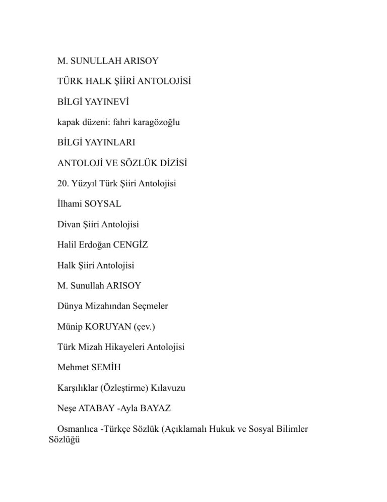 Tol PDF - Murat Uyurkulak 1 M. Sunullah ARISOY Türk Halk Şiiri Antolojisi Kitap Kapağı