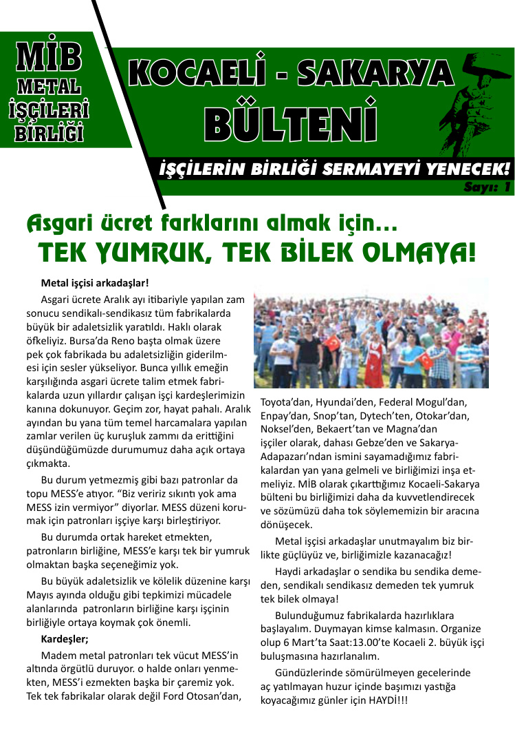 MİB (Metal İşçileri Birliği) Kocaeli Sakarya Bülteni Sayı 01 PDF – Kolektif