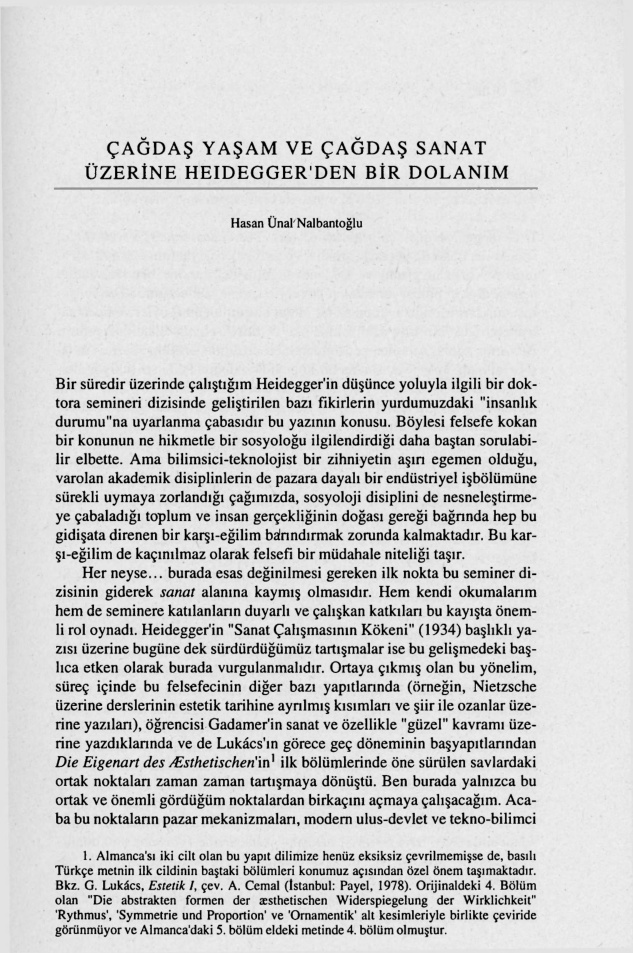 Çağdaş Yaşam ve Çağdaş Sanat Üzerine Heidegger’den Bir Dolanım PDF – Kolektif / Makale