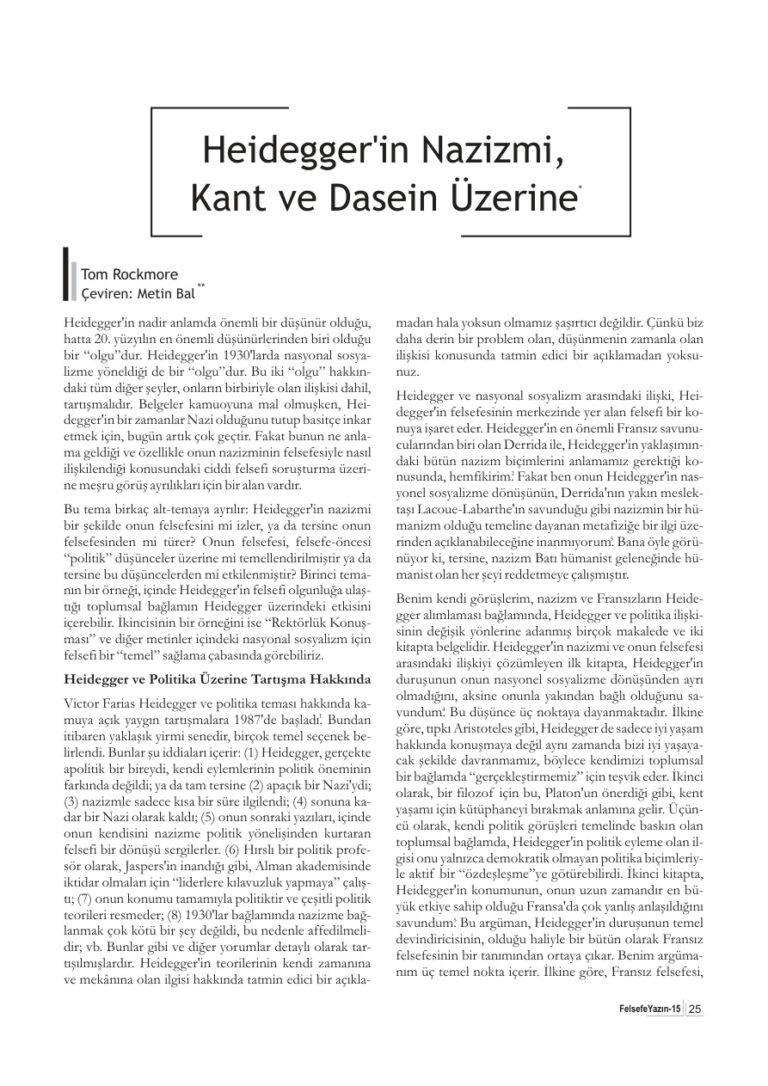 Makale Heidegger'in Nazizmi, Kant ve Dasein Üzerine Kitap Kapağı