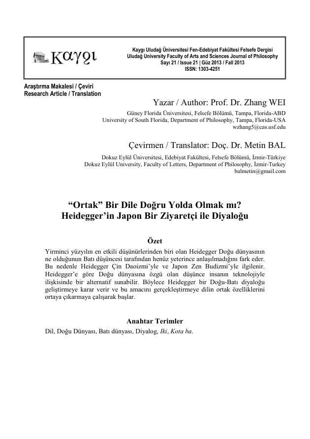 Ortak Bir Dile Doğru Yolda Olmak mı Heidegger’in Japon Bir Ziyaretçi ile Diyaloğu PDF – Kolektif / Makale