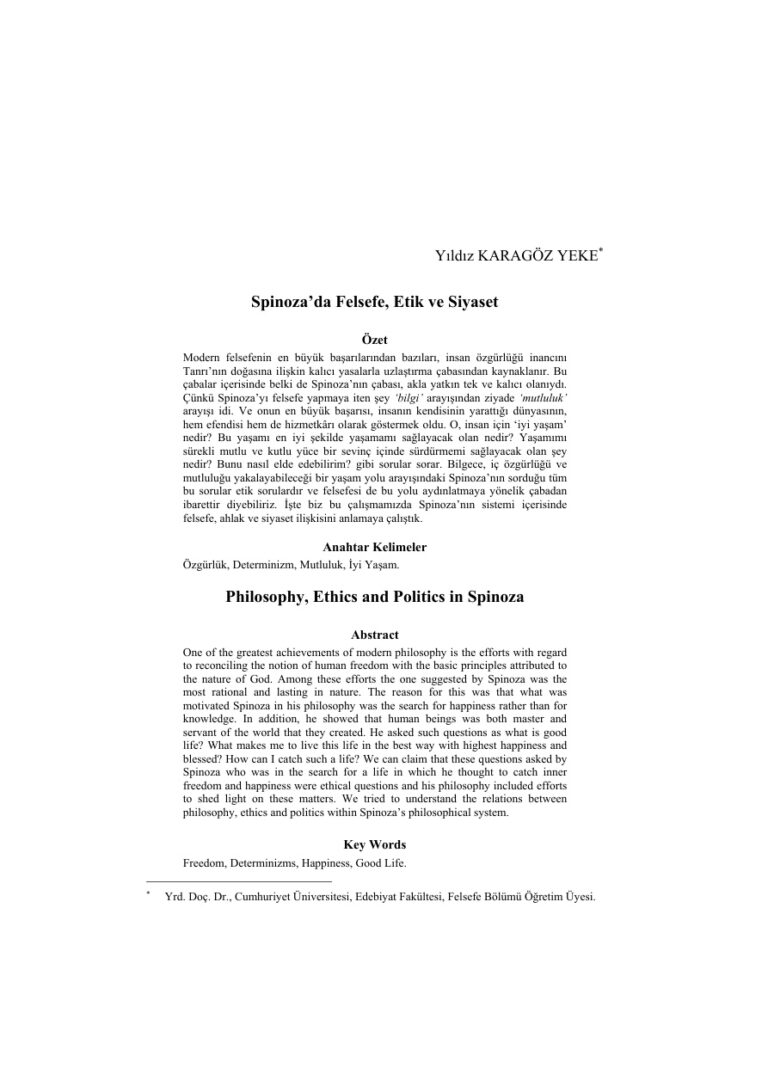 Makale Spinoza'da Felsefe, Etik ve Siyaset Kitap Kapağı