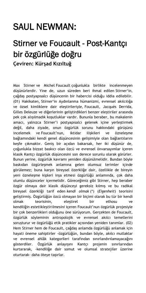 Stirner ve Foucault, Post-Kantçı bir özgürlüğe doğru PDF – Kolektif / Makale