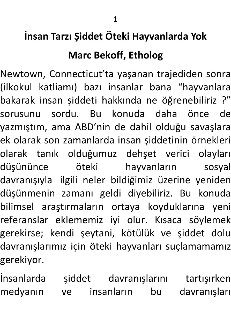 İnsan Tarzı Şiddet Öteki Hayvanlarda Yok PDF – Marc Bekoff