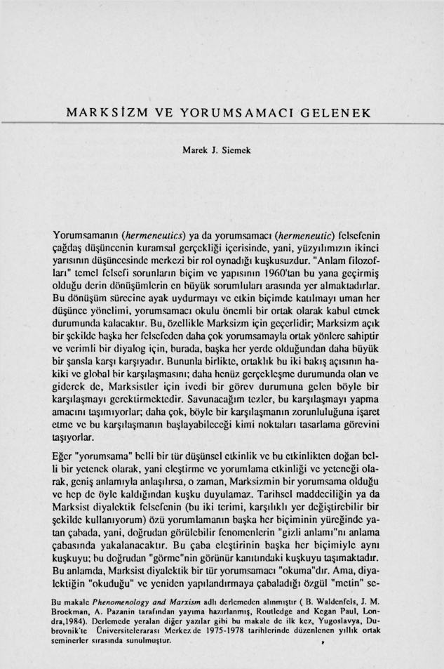 Marksizm ve Yorumsamacı Gelenek PDF – Marek J. Siemenek