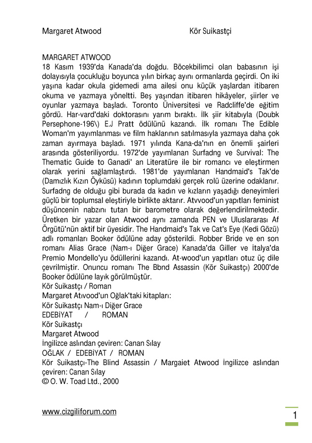 Kör Suikastçı PDF – Margaret Atwood
