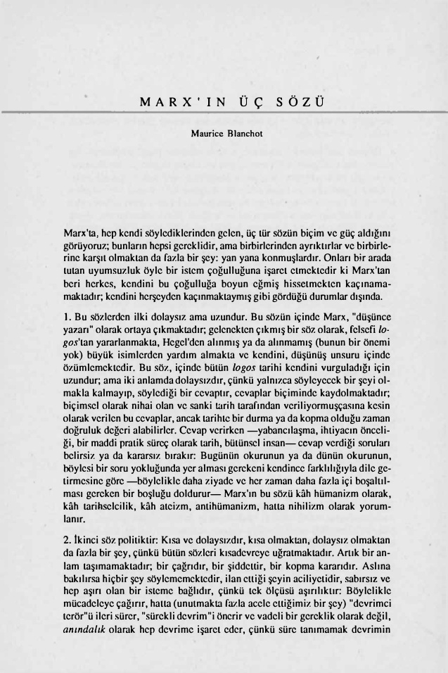 Marx’in Üç Sözü PDF – Maurice Blanchot