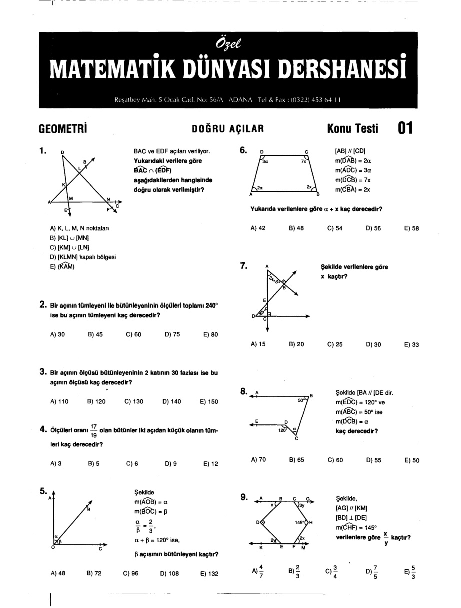Matematik Dünyası Dershanesi Geometri Yaprak Testleri PDF – Matematik Dünyası Komisyon