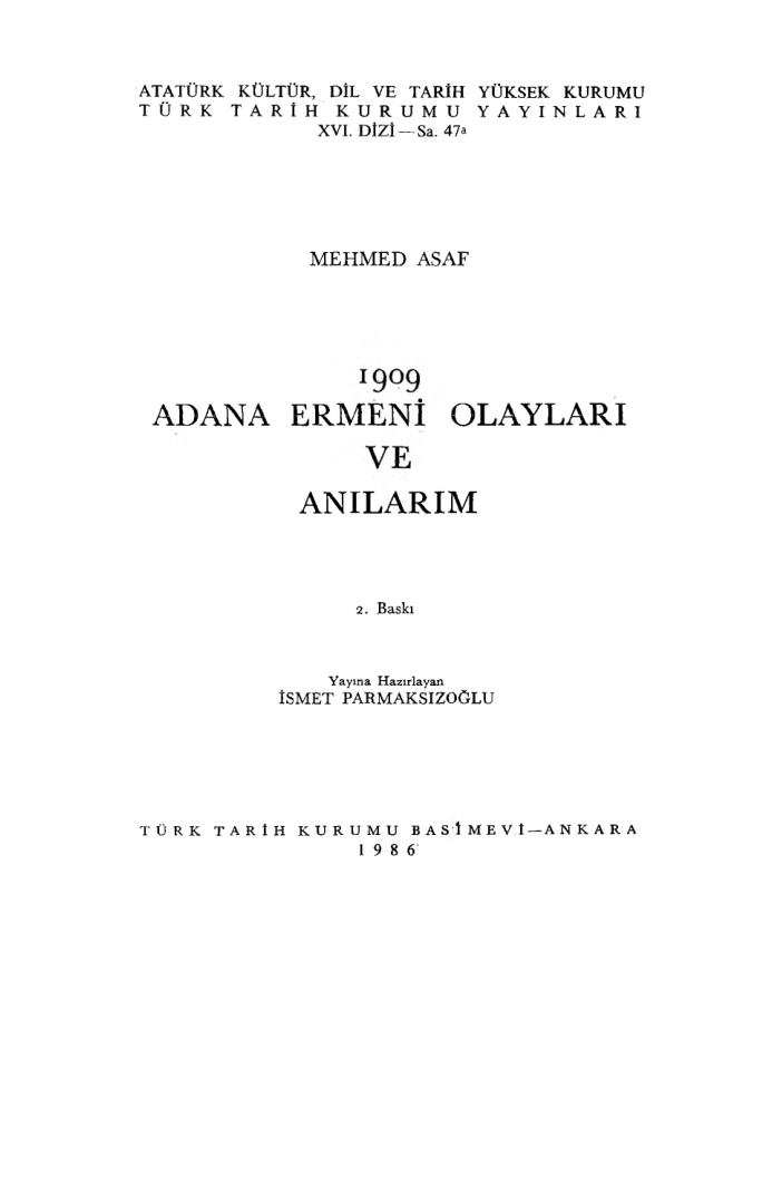 1909 Adana Ermeni Olayları ve Anılarım PDF – Mehmed Asaf (Haz. İsmet Parmaksızoğlu)