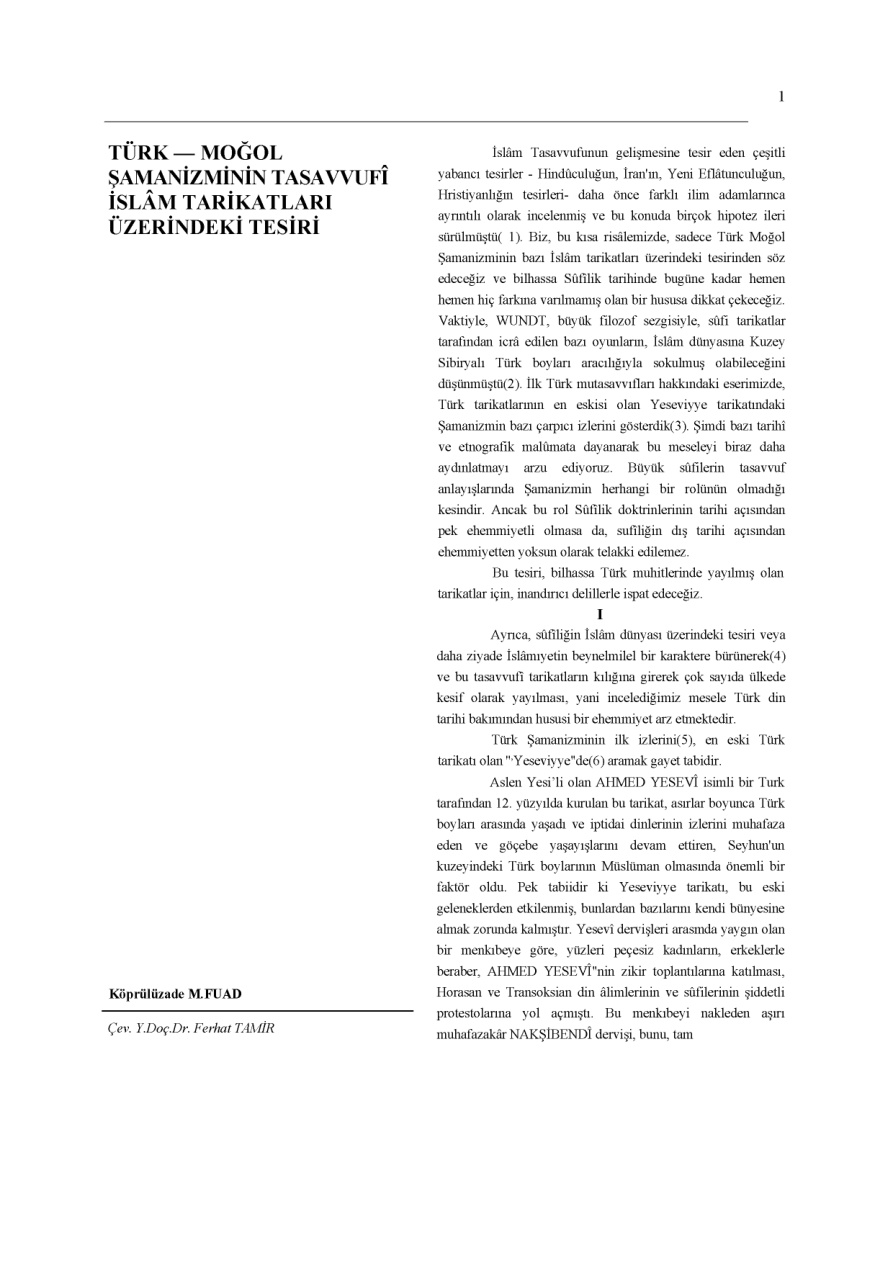 Türk – Moğol Şamanizminin Tasavvufî İslâm Tarikatları Üzerindeki Tesiri PDF – Mehmet Fuad Köprülü