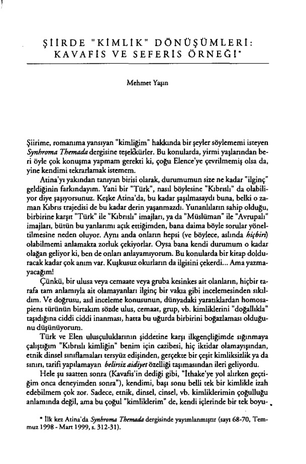 Şiirde ‘Kimlik’ Dönüşümleri; Kavafis ve Seferis Örneği PDF – Mehmet Yaşın