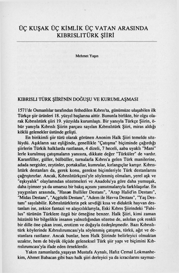 Üç Kuşak Üç Kimlik Üç Vatan Arasında Kıbrıslıtürk Şiiri PDF – Mehmet Yaşın