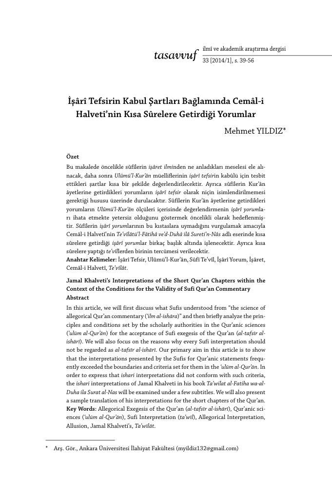 İşârî Tefsirin Kabul Şartları Bağlamında Cemâl-i Halveti’nin PDF – Mehmet Yıldız