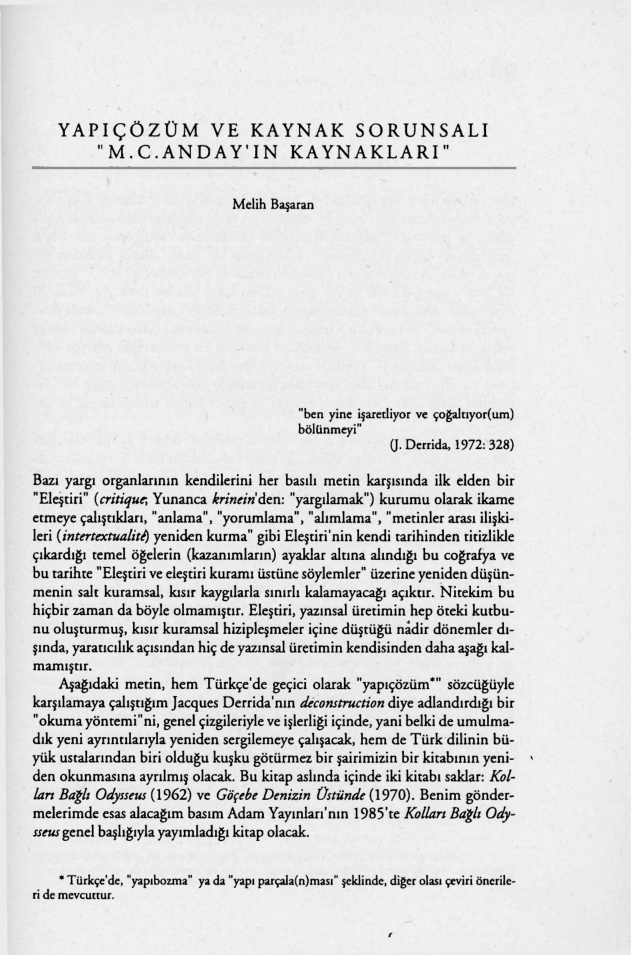 Yapıçözüm ve Kaynak Sorunsalı ‘Melih Cevdet Anday’ın Kaynakları’ PDF – Melih Başaran