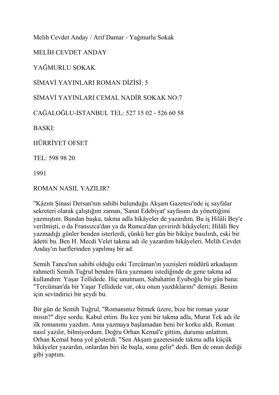 Yagmurlu Sokak PDF – Melih Cevdet Anday