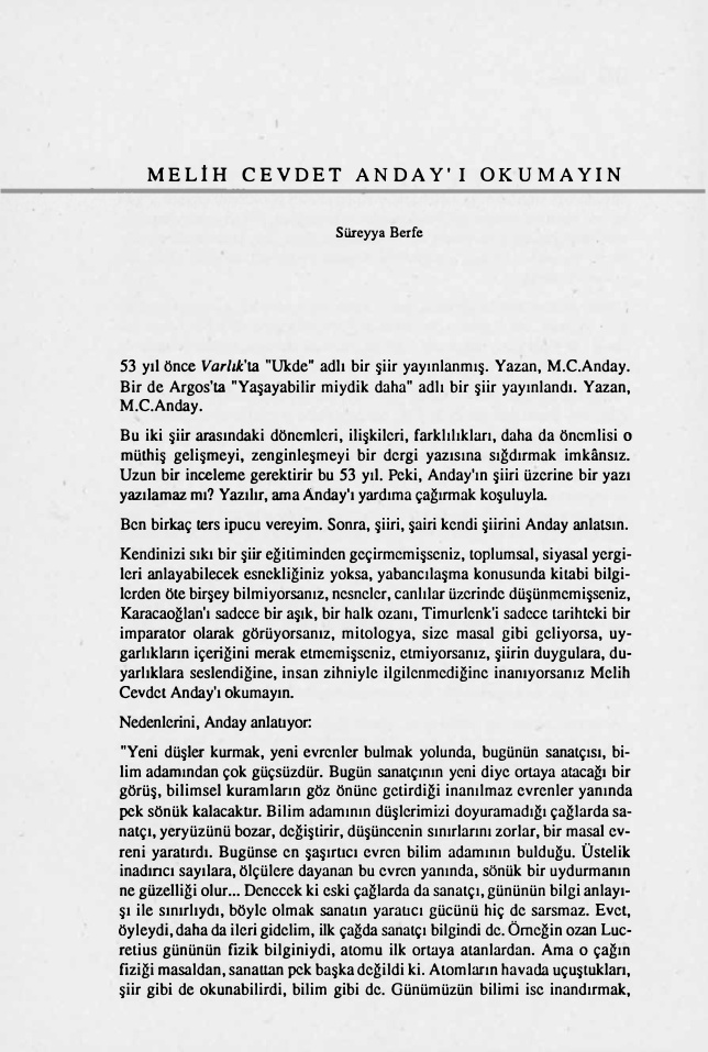Melih Cevdet Anday’ı Okumayın PDF – Süreyya Berfe