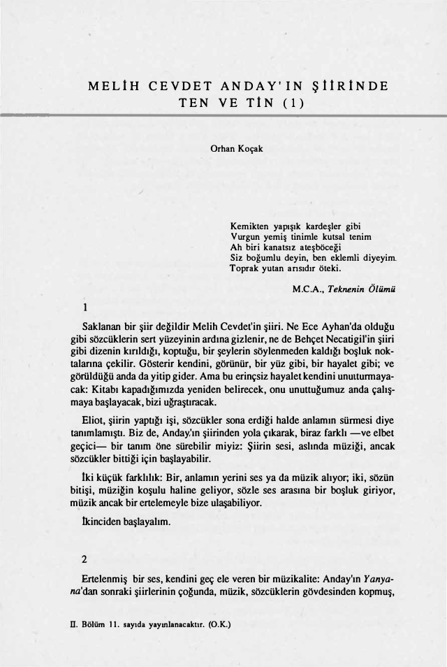 Melih Cevdet Anday’ın Şiirinde Ten ve Tin – I PDF – Orhan Koçak