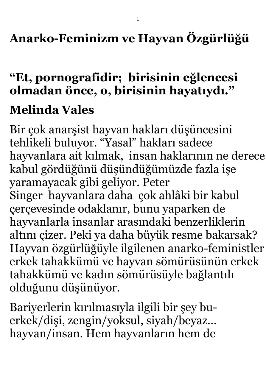 Anarko-Feminizm ve Hayvan Özgürlüğü PDF – Melinda Vales