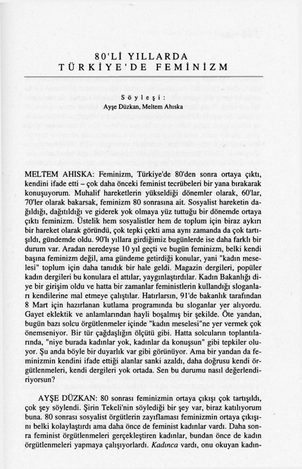 Ayşe Düzkan ile Söyleşi (80’li Yıllarda Türkiye’de Feminizim) PDF – Meltem Ahıska & Ayşe Düzkan