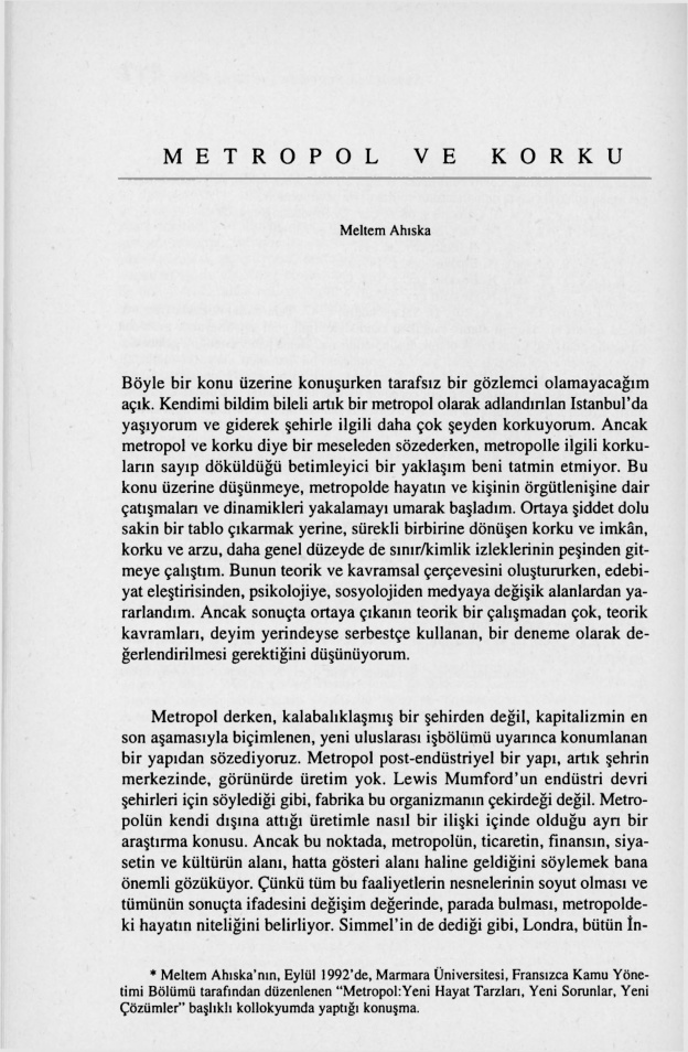 Metropol ve Korku PDF – Meltem Ahıska