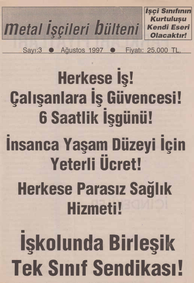 Metal İşçileri Bülteni Sayı 03 Ağustos 1997 Kitap Kapağı