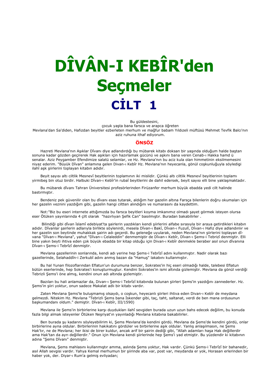 Divani Kebirden Secmeler Cilt 1 PDF – Mevlana Celaleddin Rumi