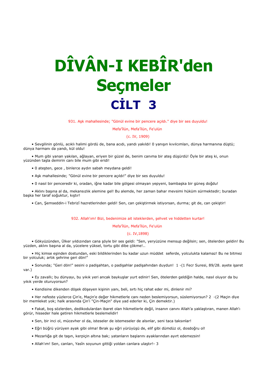 Divani Kebirden Secmeler Cilt 3 PDF – Mevlana Celaleddin Rumi