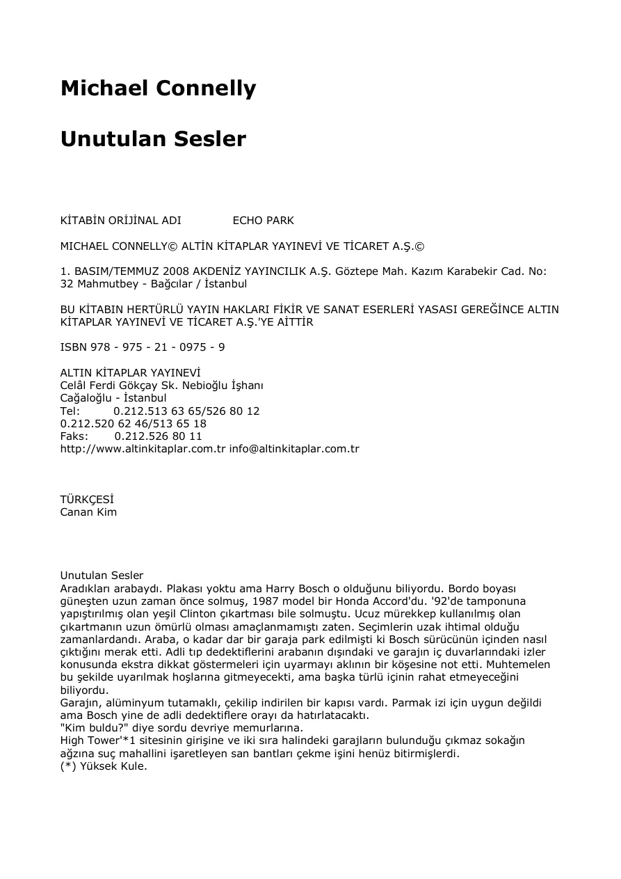 Unutulan Sesler PDF – Michael Connelly