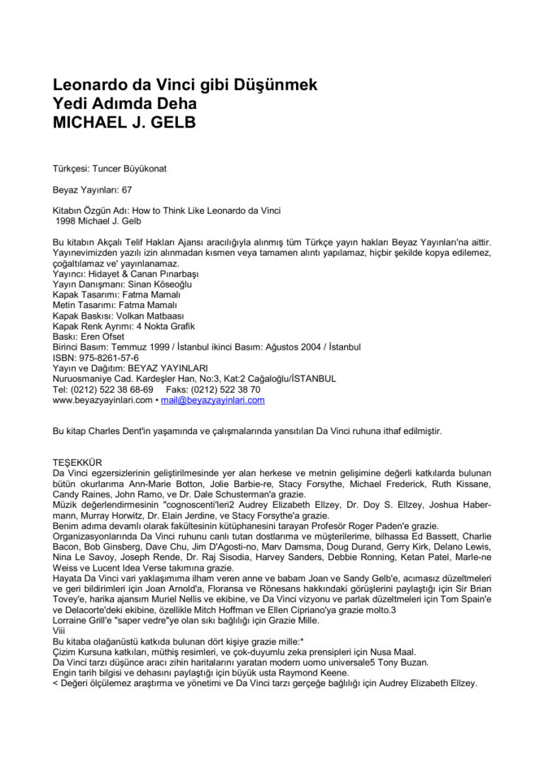 Leonardo Da Vinci Gibi Düşünmek PDF - Michael J. Gelb 1 Michael J. Gelb Leonardo Da Vinci Gibi Düşünmek Kitap Kapağı