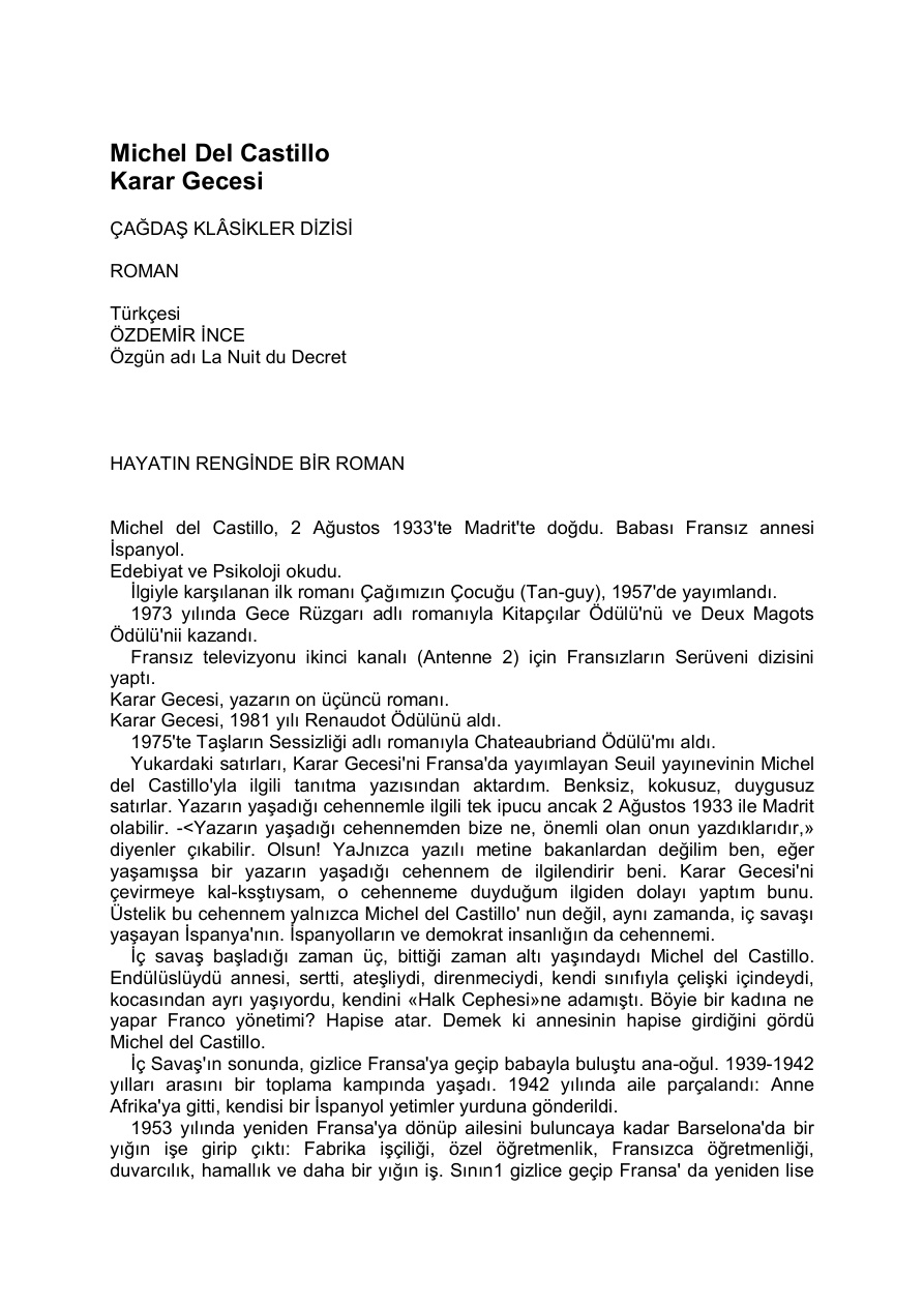 Karar Gecesi PDF – Michel Del Castillo