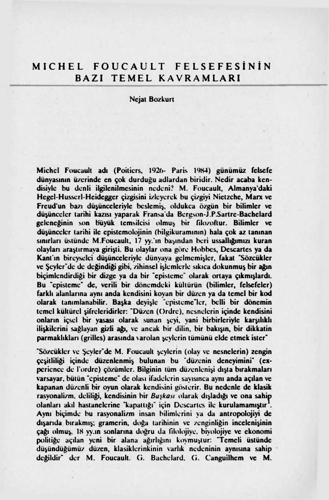 Michel Foucault Felsefesinin Bazı Temel Kavramları PDF – Nejat Bozkurt