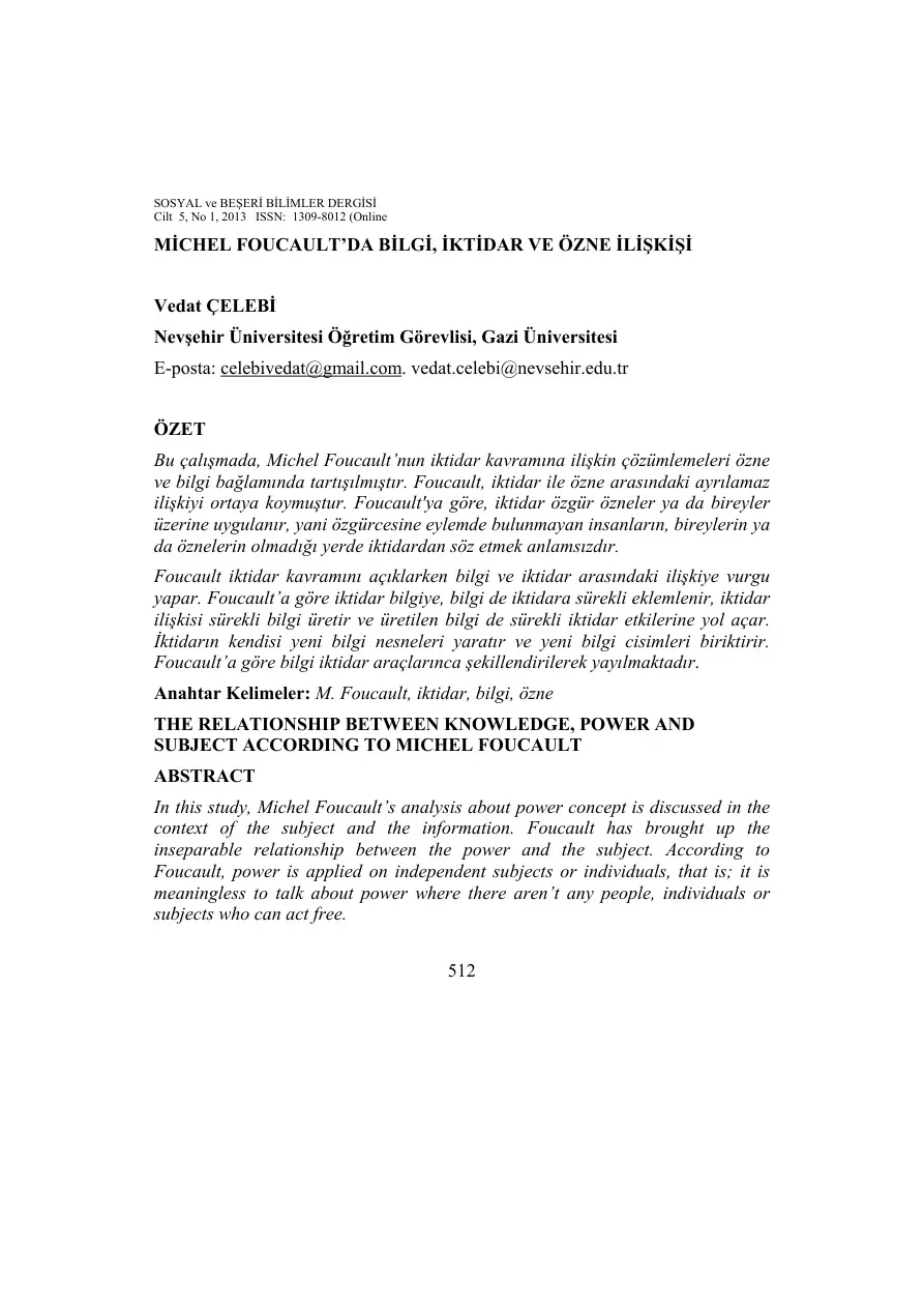 Michel Foucault-da Bilgi, İktidar ve Özne İlişkisi PDF – Michel Foucault