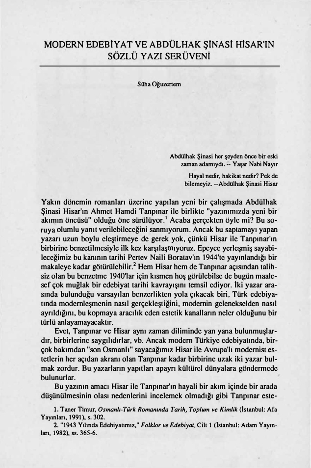 Modern Edebiyat ve Abdülhak Sinasi Hisar’in Sözlü Yazi Serüveni PDF – Süha Oğuzertem