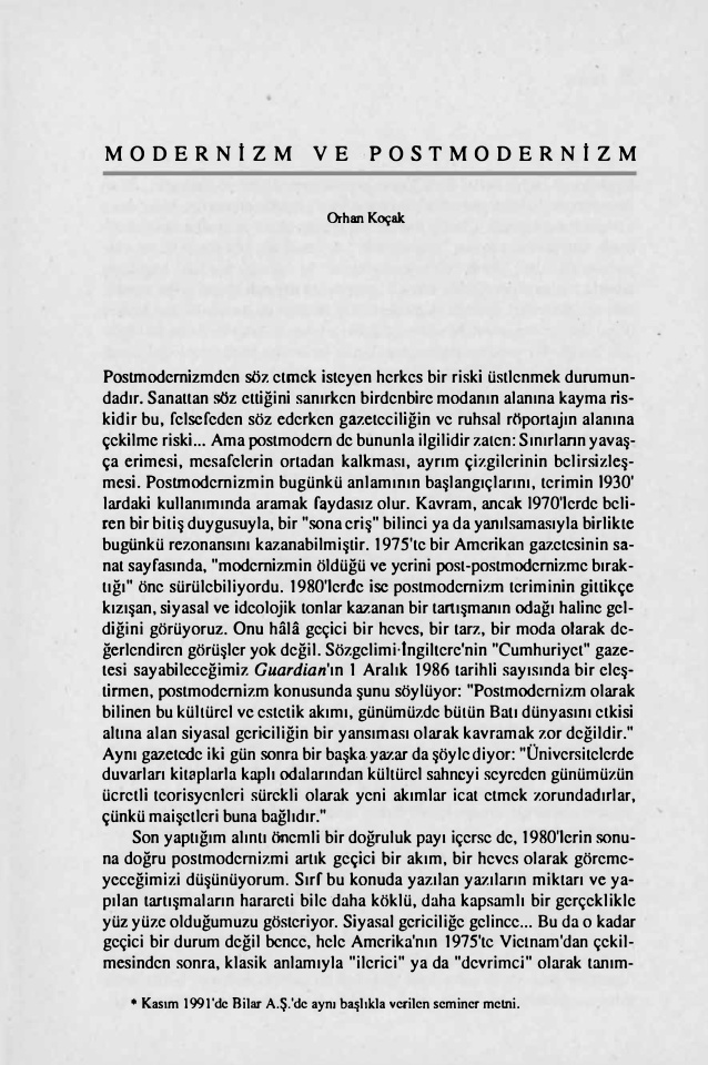 Modernizm ve Postmodernizm PDF – Orhan Koçak