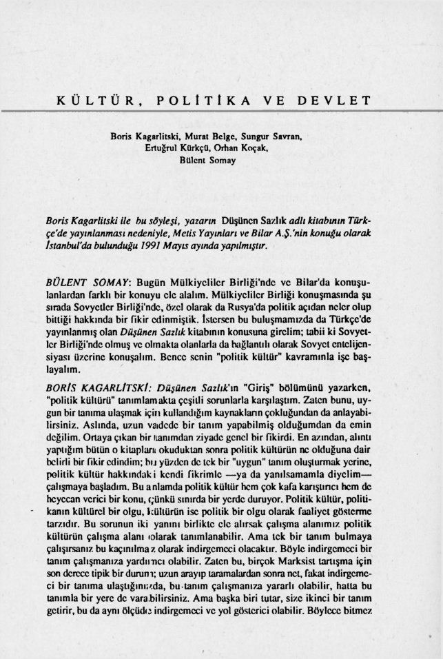 Boris Kagarlitski ile söyleşi; Kültür, Politika ve Devlet PDF – Murat Belge & Sungur Savran & Ertugrul Kürkçü & Orhan Koçak & Bülent Somay