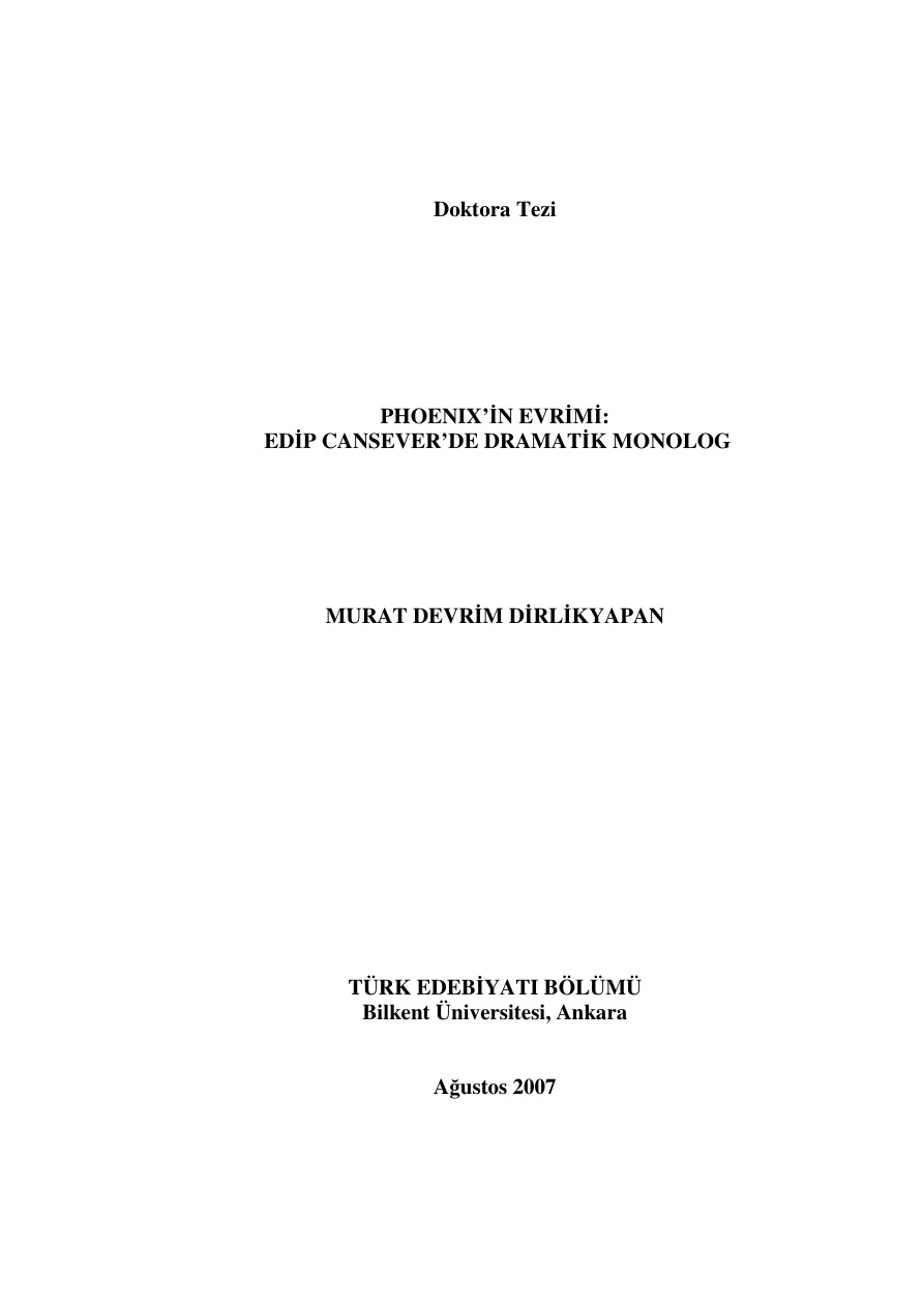 Phoenix’in Evrimi, Edip Cansever’de Dramatik Monolog PDF – Murat Devrim Dirlikyapan