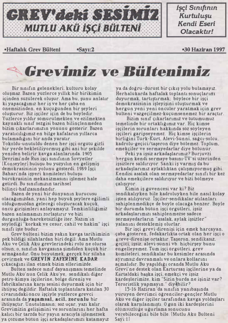 Mutlu Akü İşçi Bülteni Sayı 2 30 Haziran 1997 Kitap Kapağı