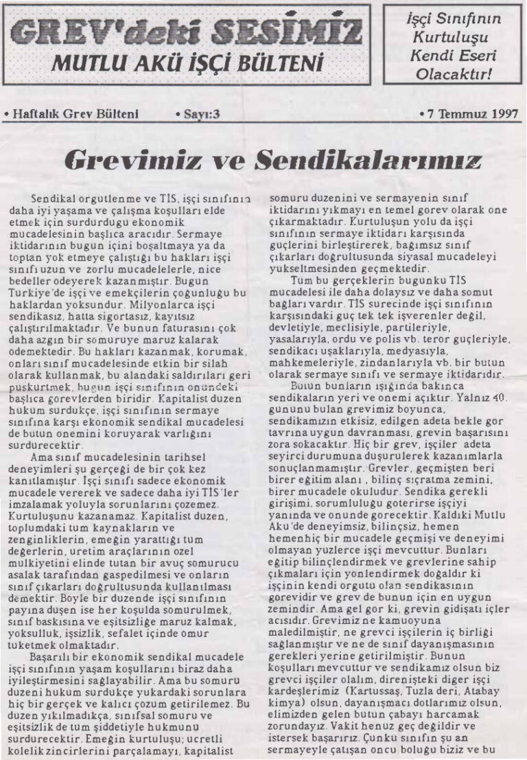 Mutlu Akü İşçi Bülteni Sayı 3 07 Temmuz 1997 Kitap Kapağı