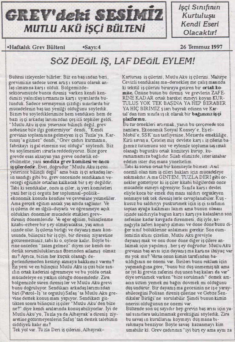Mutlu Akü İşçi Bülteni Sayı 4 26 Temmuz 1997 Kitap Kapağı