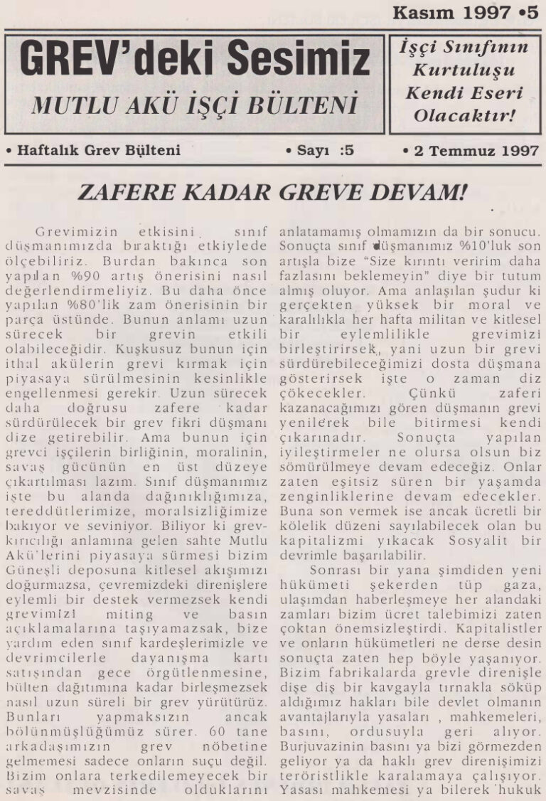 Mutlu Akü İşçi Bülteni Sayı 5 2 Ağustos 1997 Kitap Kapağı