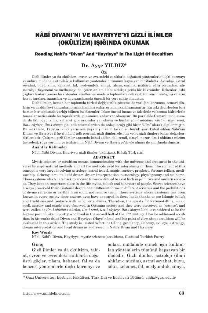 NÂBÎ DİVANI’NI VE HAYRİYYE’Yİ GİZLİ İLİMLER (OKÜLTİZM) IŞIĞINDA OKUMAK PDF – Kolektif / Akademik Çalışma