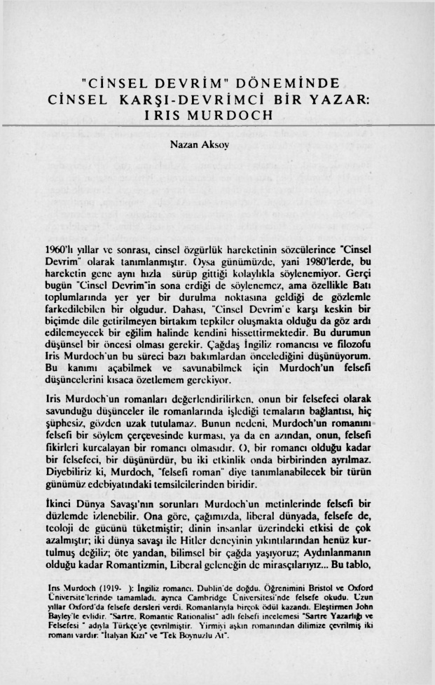 ‘Cinsel Devrim’ Döneminde Cinsel Karşı-Devrimci Bir Yazar; Iris Murdoch PDF – Nazan Aksoy