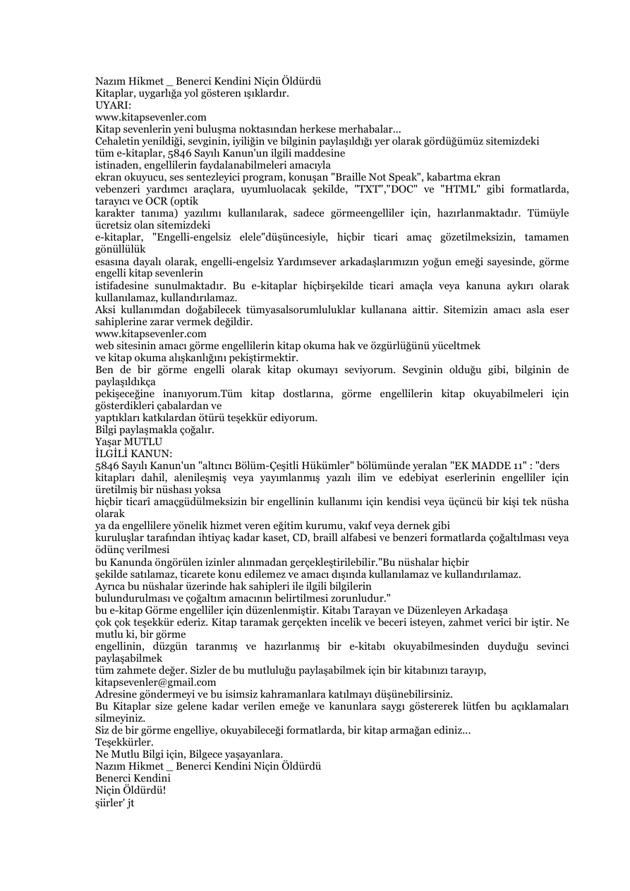 Benerci Kendini Nicin Oldurdu PDF – Nazım Hikmet Ran