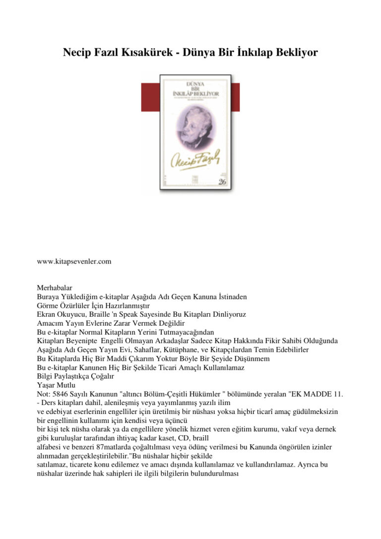 Necip Fazil Kisakurek Dunya Bir Inkilap Bekliyor Kitap Kapağı