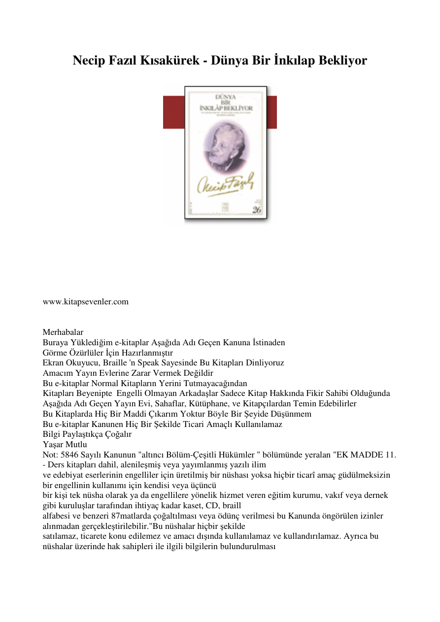 Dunya Bir Inkilap Bekliyor PDF – Necip Fazıl Kısakürek