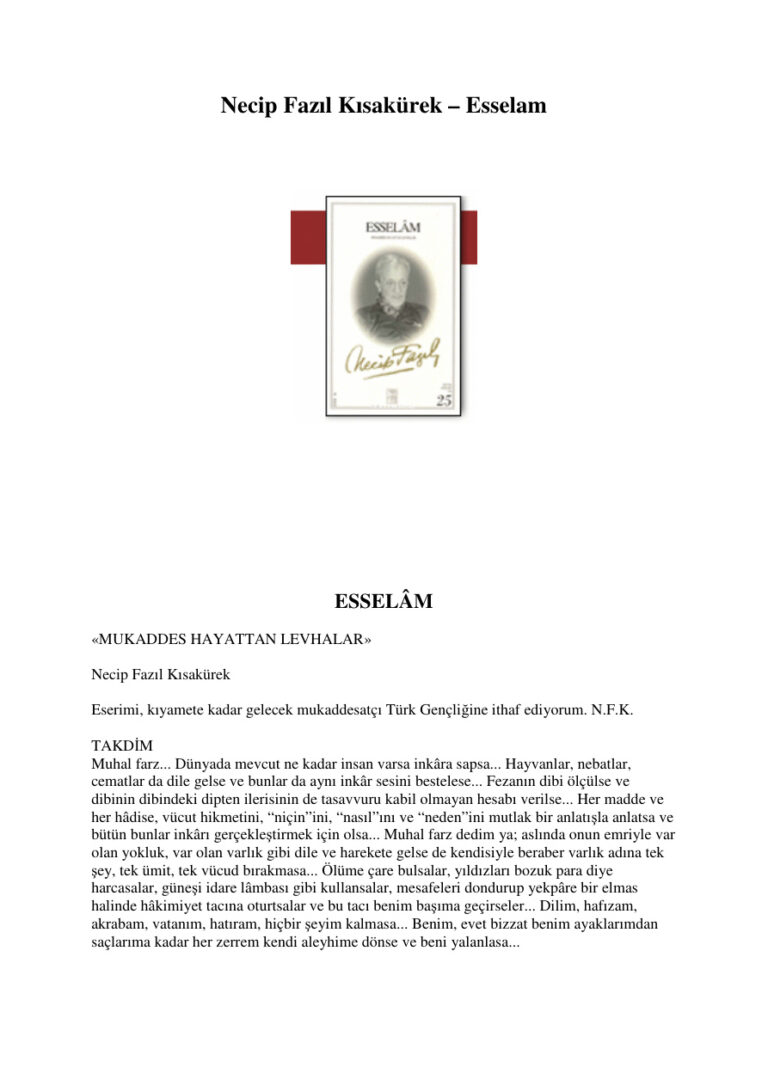 Necip Fazil Kisakurek Esselam Kitap Kapağı
