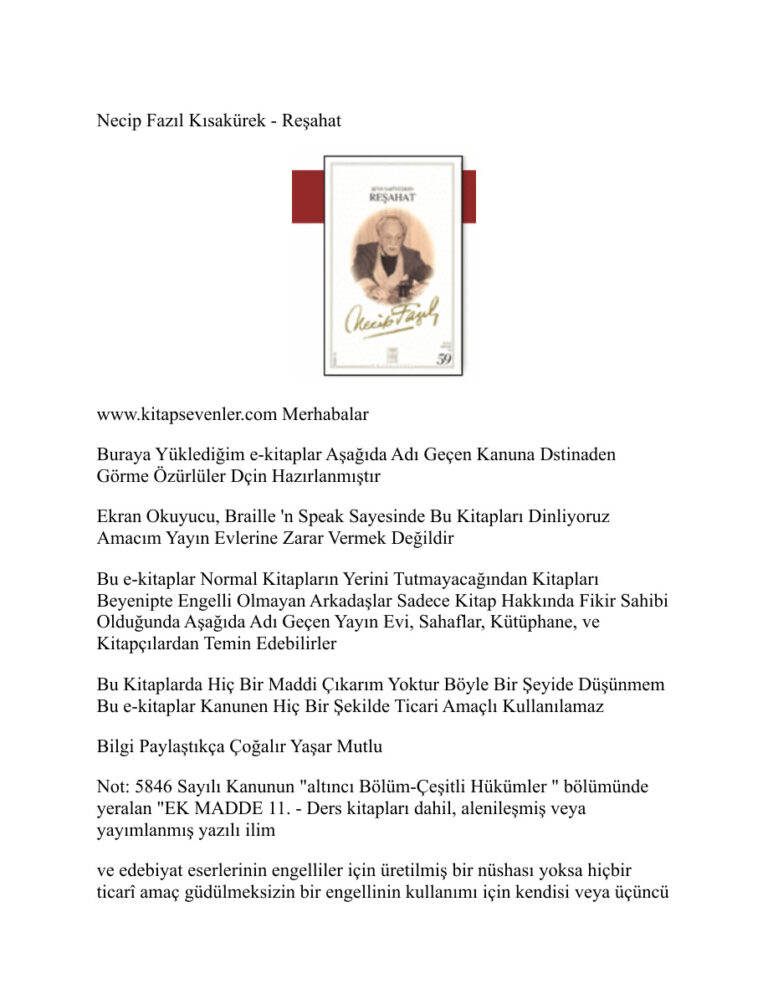 Necip Fazıl Kısakürek Reşahat Kitap Kapağı