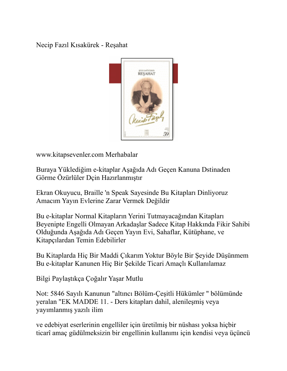 Reşahat PDF – Necip Fazıl Kısakürek